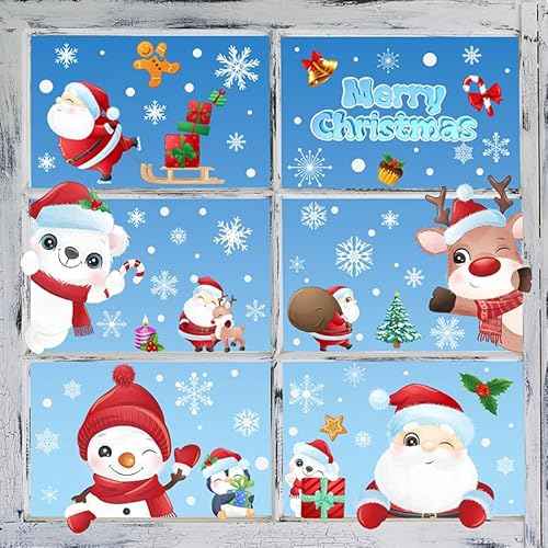 192Pcs Christmas Window Clings for Glass Windows, 9 Sheet Christmas Window Stickers Santa Claus Snowman Reindeer for Xmas Holiday Indoor Decals Party Supplies