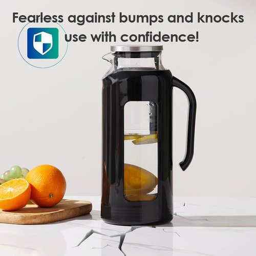 Delove Glass Pitcher with Lid & Shatterproof Shell – Heat-Resistant Borosilicate Glass Jug, 2 L/68 oz with Handle & Spout – Perfect for Iced Tea, Juice, Hot & Cold Water (Black)