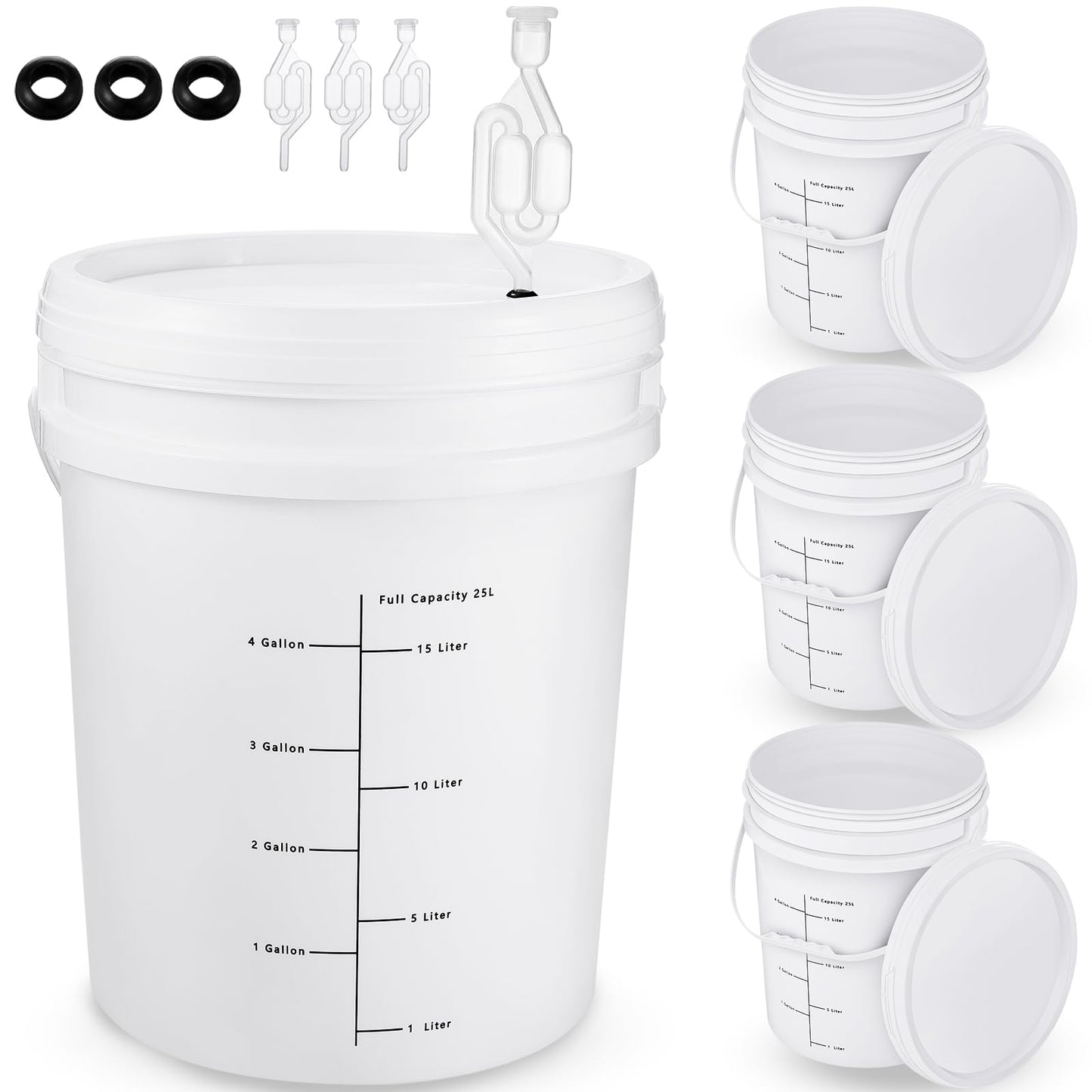 Ziliny 4 Pcs White 6.5 Gallon Fermentation Bucket with Twin Bubble Airlock Grommets Lid Brewing Wine Fermenter Fermentation Kit for Home Beer Wine Mead Other Fermented Beverage