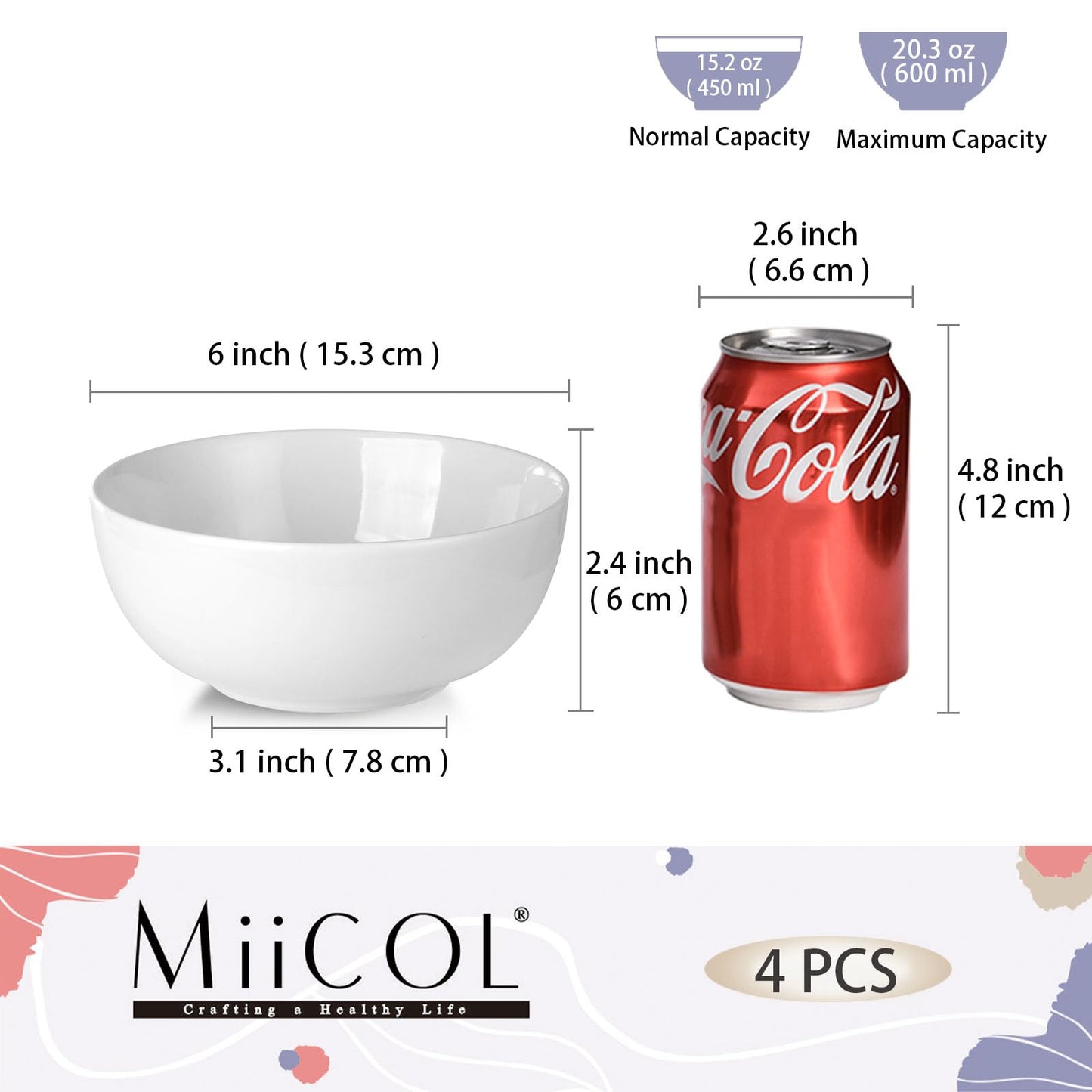 Miicol White Cereal Bowls 20 oz, Ceramic Soup Bowls Set of 4, Breakfast Bowl 6 inch, Kitchen Bowl for Pasta, Salad, Ramen, Oatmeal, Microwave and Dishwasher Safe