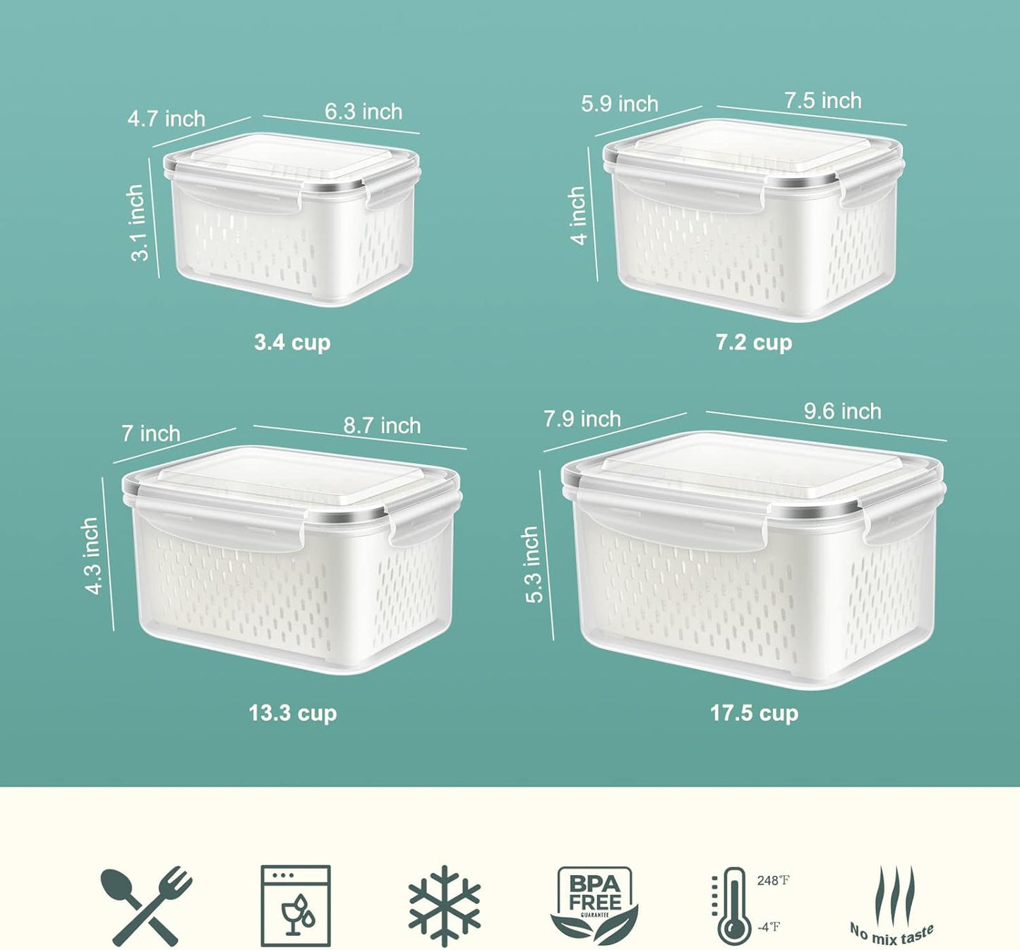 Skiennix 8-Piece Fruit Storage Containers - BPA-Free Plastic with Removable Colander for Fridge