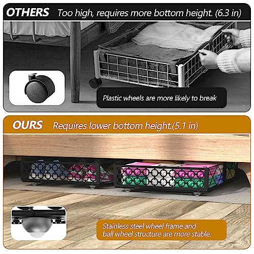 Under Bed Storage with Wheels Pack of 4 - Low Profile Rolling Organizer Bins