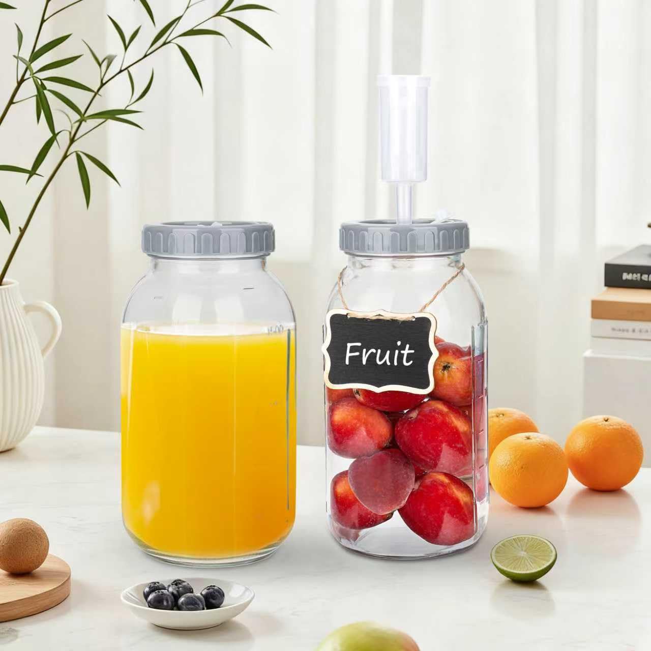 ROTESONNE 64oz Fermentation Jar Kit with Fermenting Weights and Airlock Lids, Wide Mouth Glass Jars with Scale Mark for Making and Storing Sauerkraut, Pickles (Pack of 2)