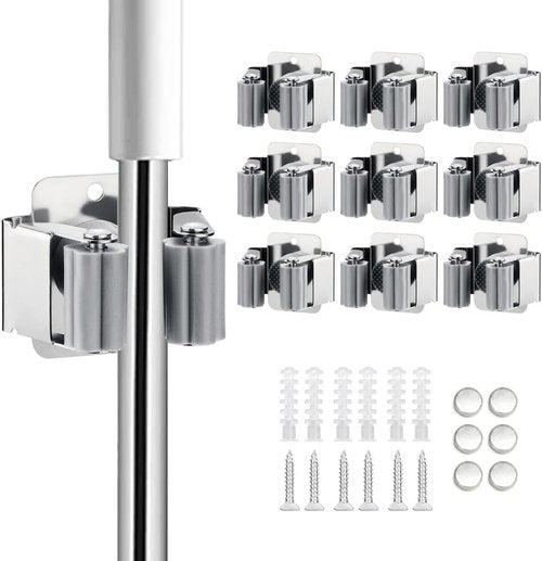 JAMEND Heavy-Duty Broom and Mop Holder | 9-Piece Stainless Steel Garden Tool Organizer - Wall Mounted