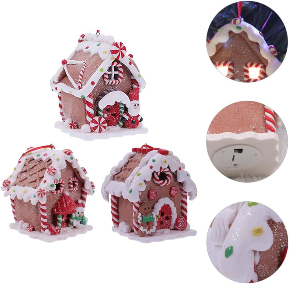 Toyvian Gingerbread House Ornaments - LED Christmas Village Decor with Santa & Snowman Figures | 3 Pcs