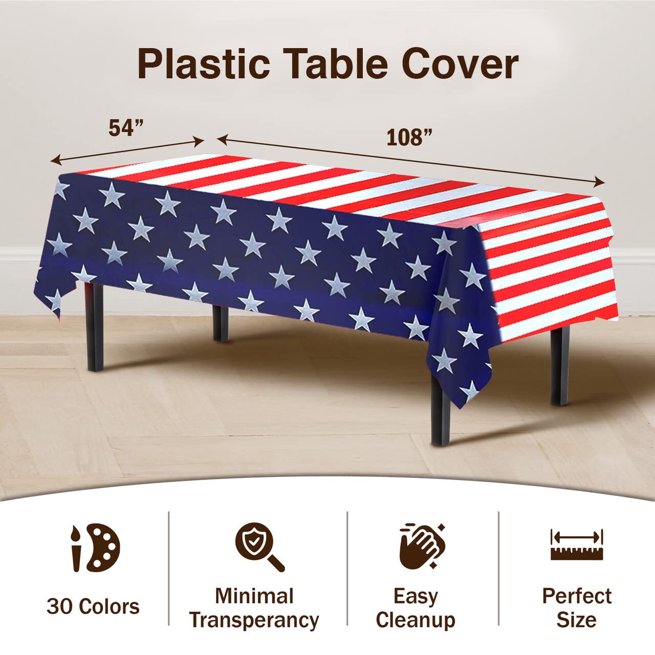 Exquisite 12-Pack Premium Plastic Tablecloth 54in. x 108in. Rectangle - American Flag Design
