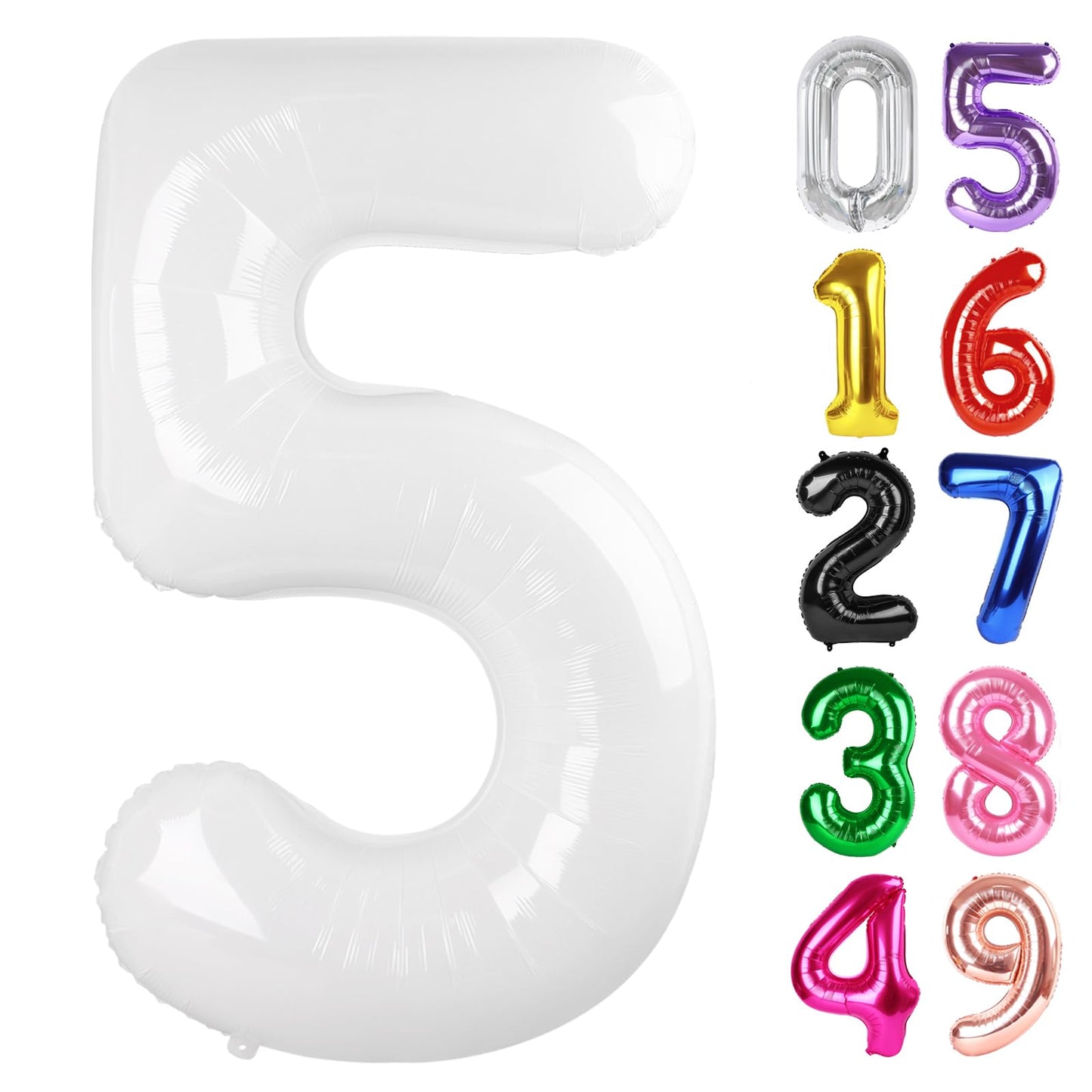 White Number 5 Balloon 40 Inch, 5th Birthday Party Decorations for Children, Giant 5 Foil Balloon for Party Supplies