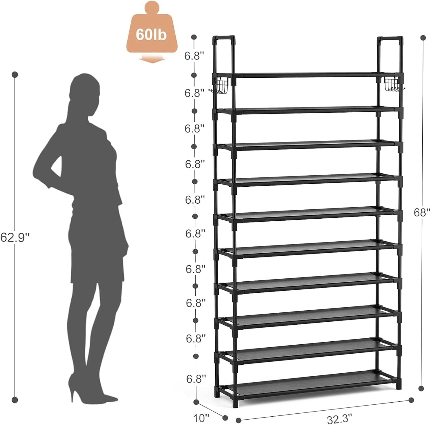 VTRIN 10-Tier Shoe Rack - Tall Large Capacity Organizer with Hooks | Sturdy Metal Shelf for Entryway & Closet