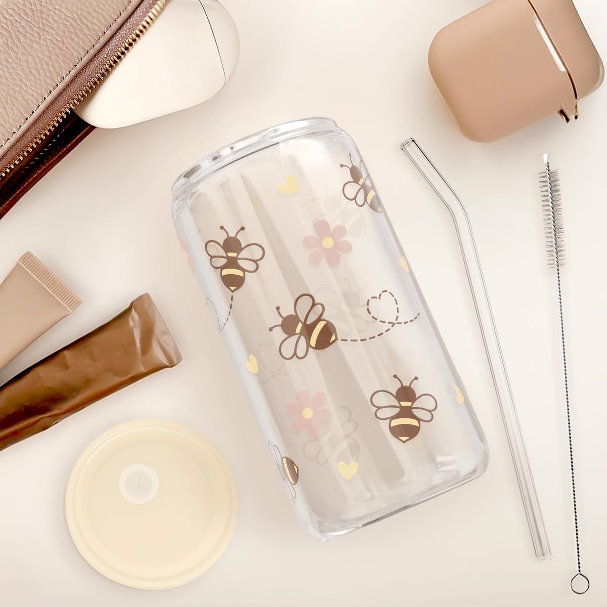 SANDJEST Bee 16oz Can Glass Tumbler with Acrylic Lid & Straw - Iced Coffee Cup for Women Girls, Aesthetic Cups Gifts for Birthday Christmas