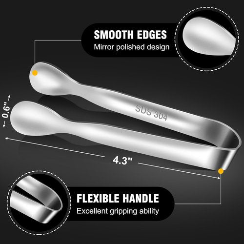 Eddeas Mini Tongs For Serving Food，Set fo 12 Small Tongs For Appetizers，Small Stainless Steel Metal Cooking Tong，for Tea Party Coffee Bar, 4 inch Sugar Tong - Silver