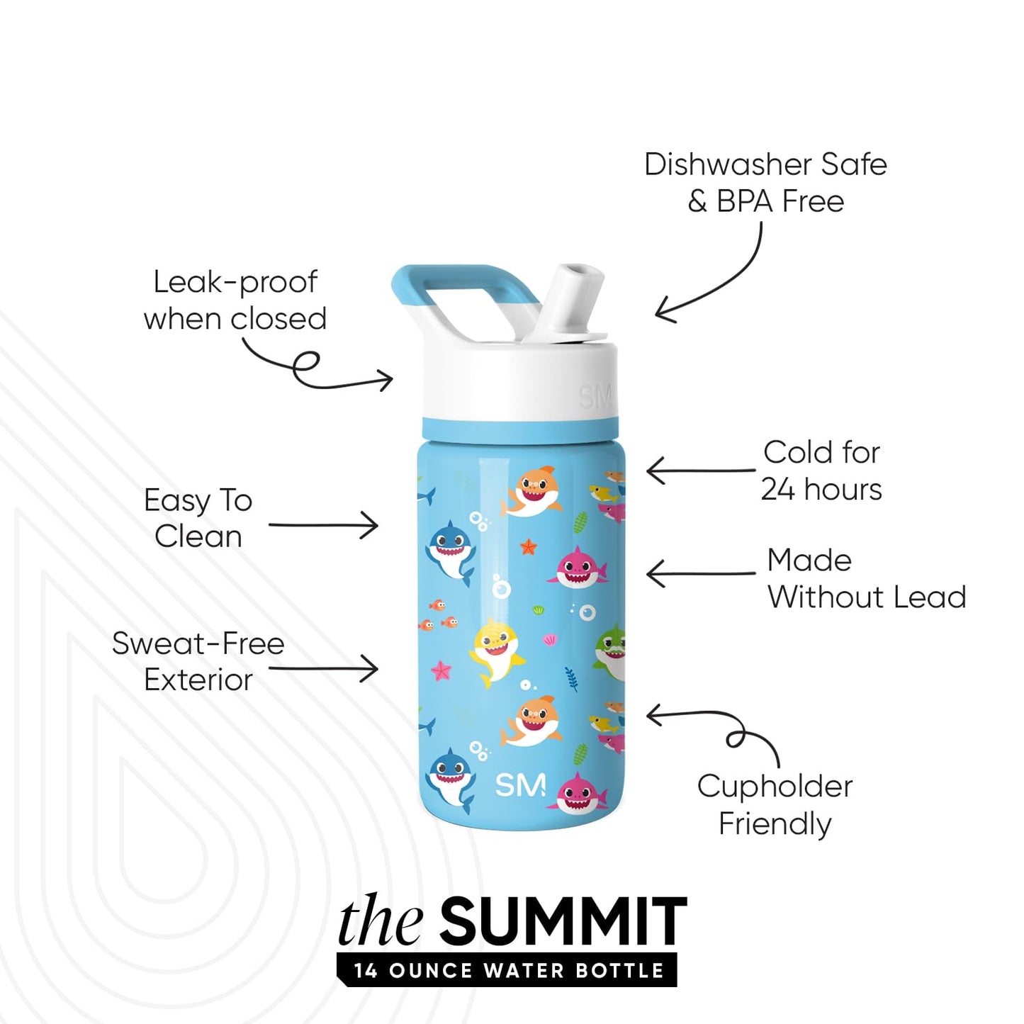 Simple Modern Kids Summit Water Bottle with Straw Lid | Baby Shark 14oz Stainless Steel Cup Insulated Tumbler for Toddlers, School | Baby Shark Friends