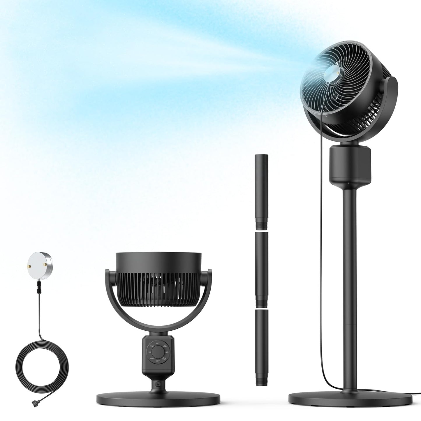 DR.PREPARE Compact Misting Pedestal Fan with Magnetic Mister, Quiet Air Circulator Standing Fan, 16-34" Adj. Height, 70°Auto-Oscillation, 90° Up+10° Down Tilt, 3 Speeds for Small‑Medium Patio Backyard