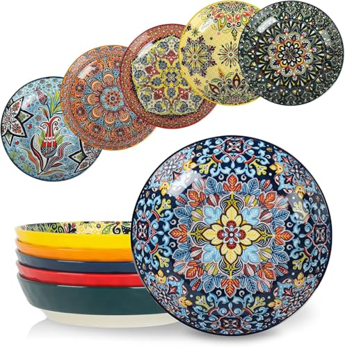 Large 30oz Colorful Ceramic Pasta Bowls Set of 6 - Bohemian Style Serving Dishes