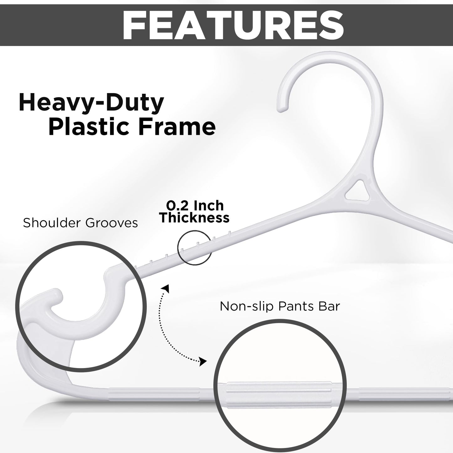 Utopia Home Plastic Hangers 50 Pack for Shirts & Pants – Space-Saving Heavy Duty Plastic Hangers with Non-Slip Shoulder Grooves & Notches - Anti-Slip Pants Bar for Increased Grip (White)