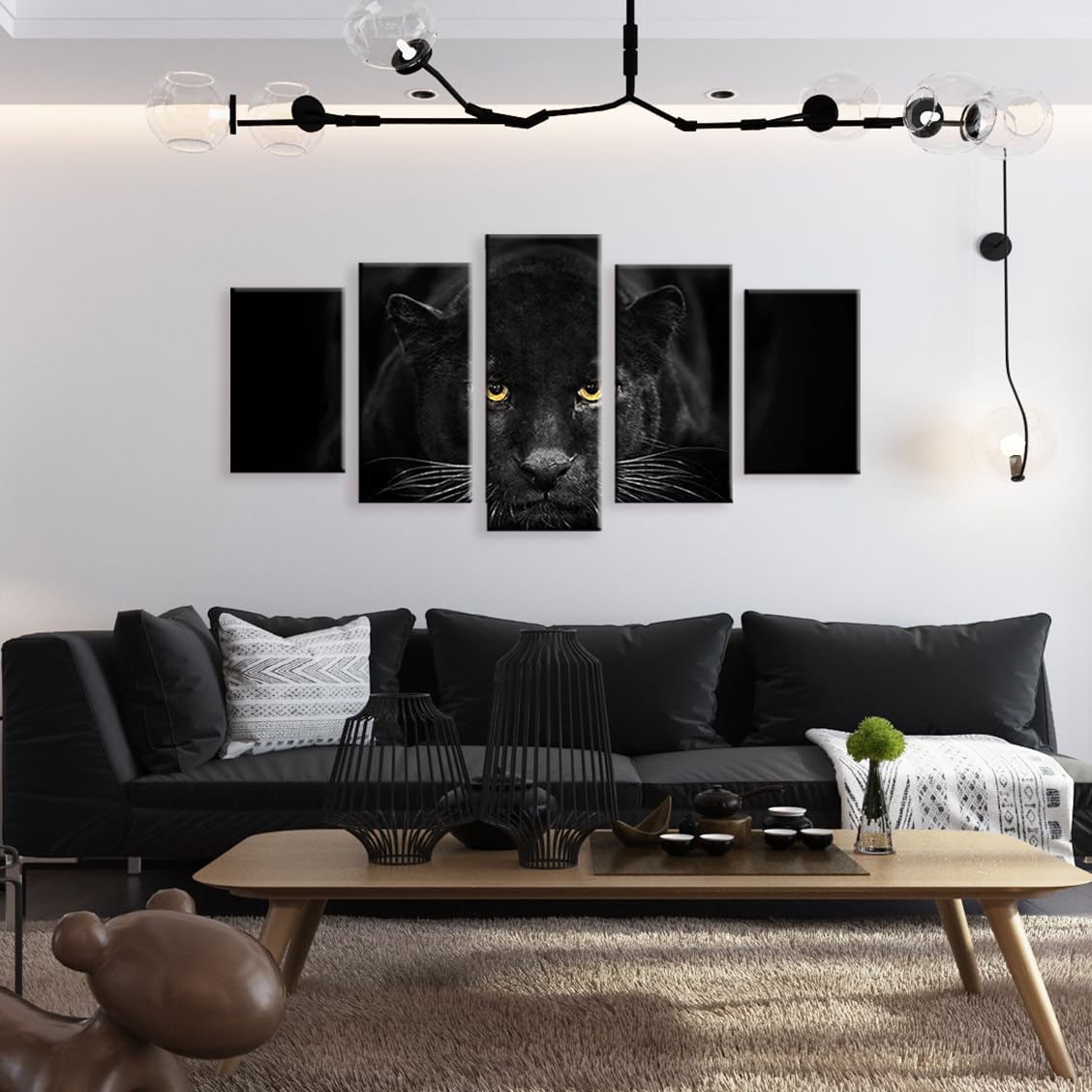 SEVEN WALL ARTS Black Panther Canvas Wall Art Wildlife Animals Pictures 5 Pieces Black and White Leopard Poster Print Framed Artwork for Living Room Bedroom Office Wall Decor