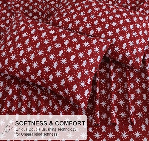 RUVANTI 100% Cotton Flannel Sheets Queen 4-Piece Set, Red Christmas