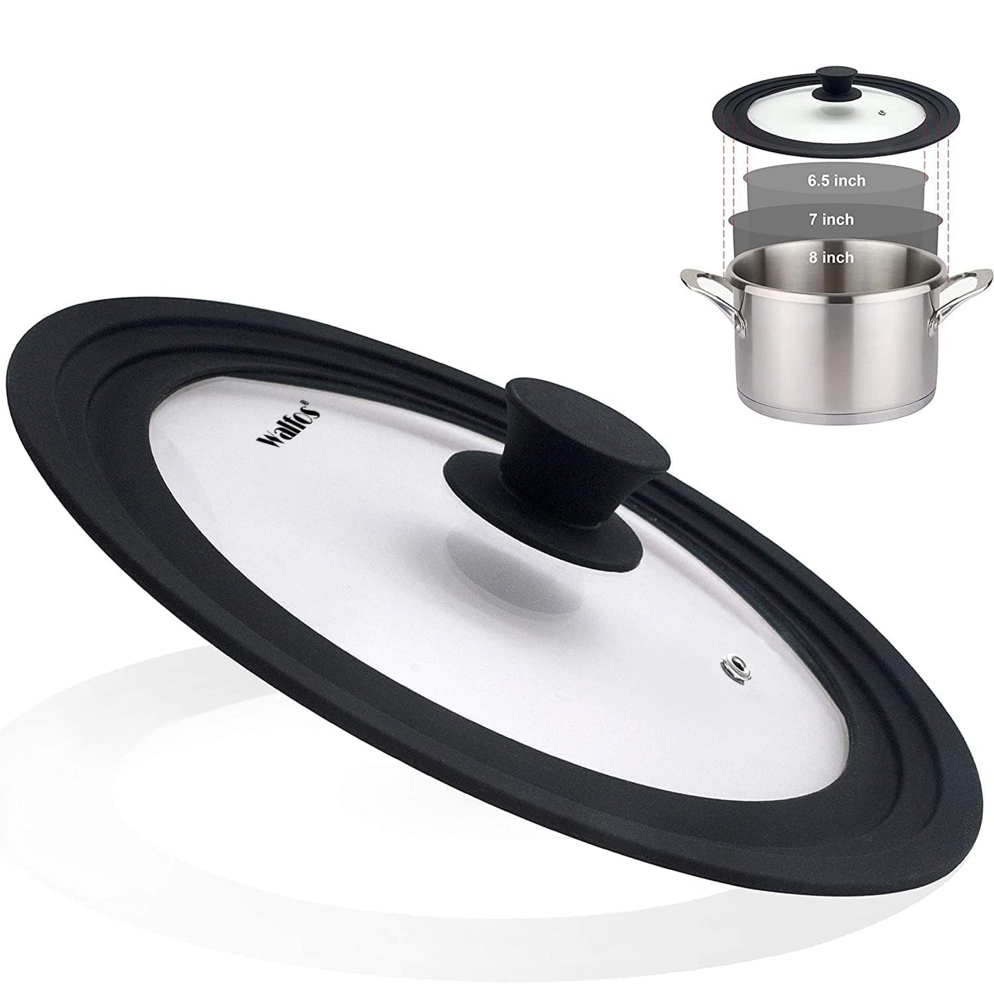 Universal Lid for Pots, Pans and Skillets & Frying Pan - Small Pan lids Fits 6.5", 7" and 8" Diameter Cookware - Tempered Glass with Heat Resistant Silicone Rim