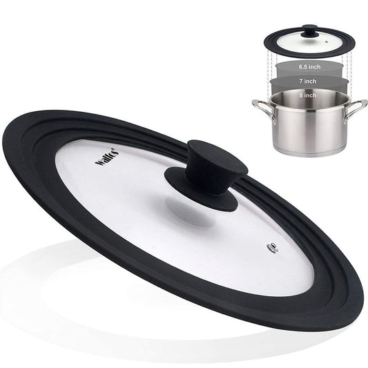 Universal Lid for Pots, Pans and Skillets & Frying Pan - Small Pan lids Fits 6.5", 7" and 8" Diameter Cookware - Tempered Glass with Heat Resistant Silicone Rim