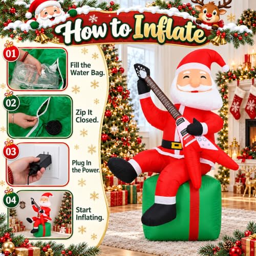 Paeyeq 5FT Christmas Inflatable Santa with Guitar - Outdoor Holiday Decor, Red & Green Variant