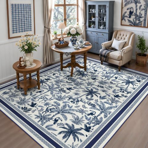 Arenarug 5' x 7' Blue French Country Toile Area Rug, Washable & Non-Slip Backing