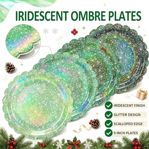 Green Iridescent Party Tableware Set for 40 Guests - Holographic Plates (Clystrant)