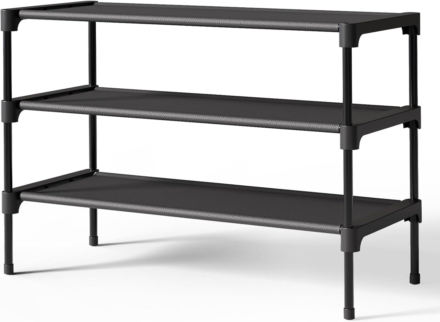Kitsure Shoe Rack - Stackable Non-Woven Shoe Organizer for Closet & Entryway | 3-Tier, 27.5" Wide, Black
