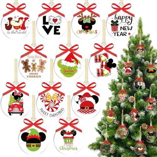 Clear Acrylic Ornaments - 12pcs Round Christmas Tree Decorations with Mouse Design Craft Ornaments for Party Hanging