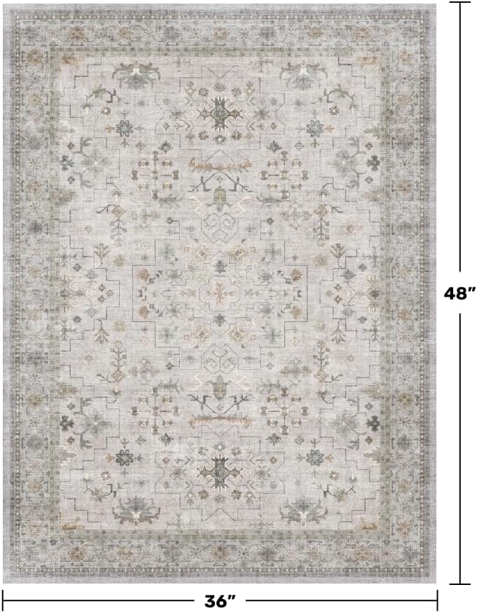 Regine Switzerland Large Boho Bathroom Rug - Washable Floral Design in Light Grey | Non-Slip, Low Pile for Entryway, Kitchen, Bedroom
