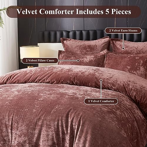 Ivellow Queen Size Blush Pink Crushed Velvet Comforter Set - 5 Pieces Bedding