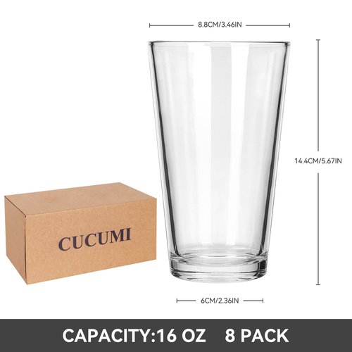 CUCUMI 8pcs 16oz Beer Pint Glasses, Drinking Glasses Set of 8 Highball Glasses Water Cups for Cold Beverages