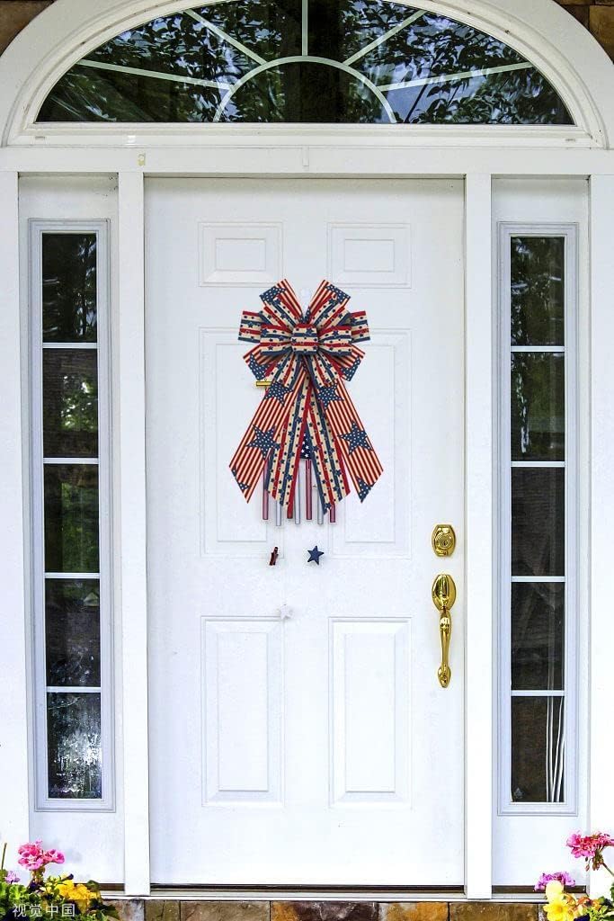 Skiennix Large Patriotic Bows - 4th of July Wreath Decor with American Stars & Stripes
