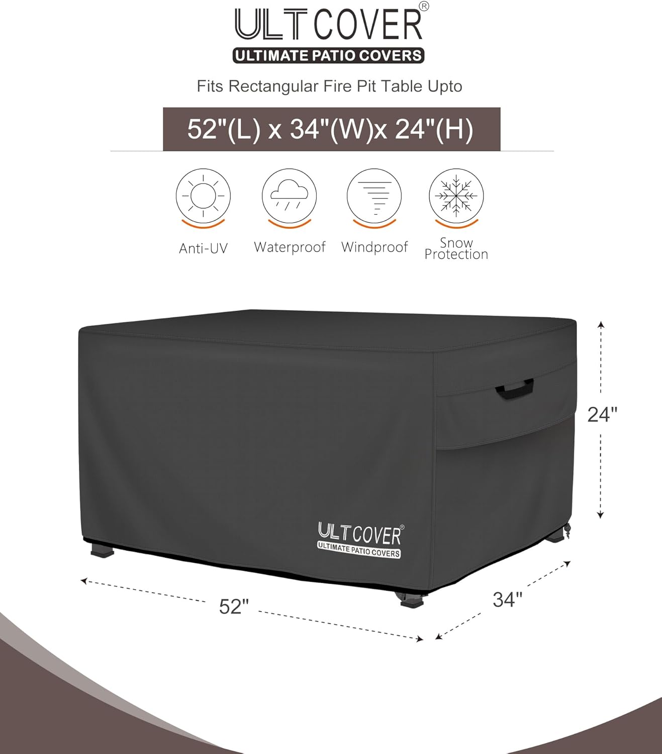ULTCOVER Rectangular Gas Fire Pit Table Cover - Waterproof Heavy Duty Protection | 52x34 Inch, Black