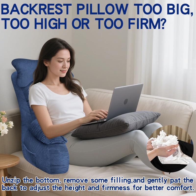 Large Blue Reading Pillow for Bed Support with Arms - Adult Bed Backrest for Sitting Up, Gaming, TV