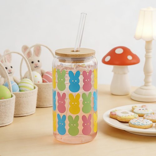 Easter Baskets for Adults, Easters Basket Easter Gifts for Teen Girls, 18oz Bunny Glass Cup Gift with Lid Straw, Prefilled Easters Basket Stuffers for Women with Candle, Bracelet, Socks Hairband