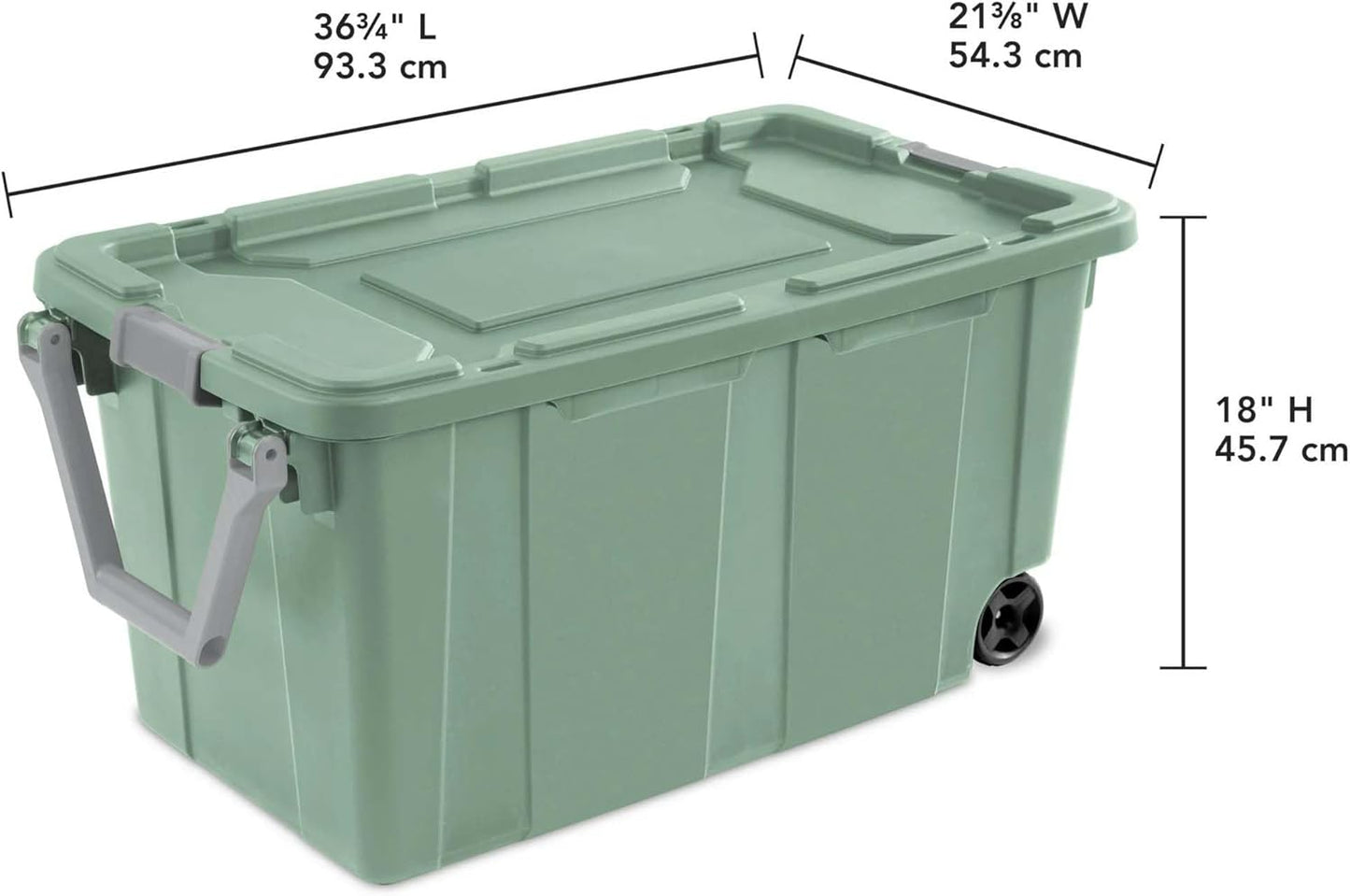 Skiennix 40 Gallon Wheeled Industrial Tote - Rugged Plastic Storage Bin with Latch Lid, Light Green, 2 Count