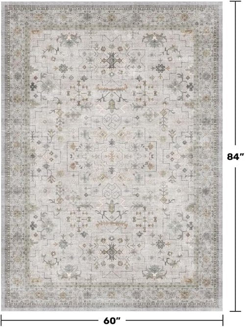 Hazo Haus Boho Light Grey 5x7 Area Rug - Modern Vintage Floral Design, Washable Non-Slip for Living Room & Nursery