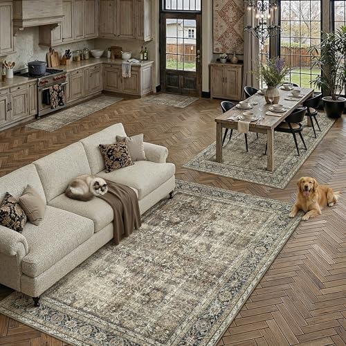 PureCozy Brown Area Rug 6x9 Vintage Distressed Low Pile Accent