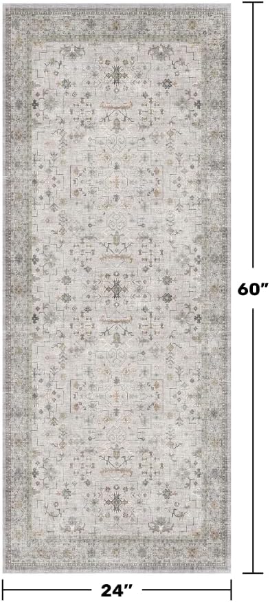 Light Grey Boho Bathroom Runner Rug - Washable Low Pile Non-Slip 2x5 Floral Design for Indoor Use