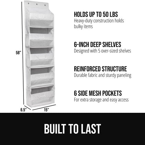 GORILLA GRIP Over The Door Organizer - 5 Deep Hanging Shelves, Holds 50lbs | White, 58x15 Inches