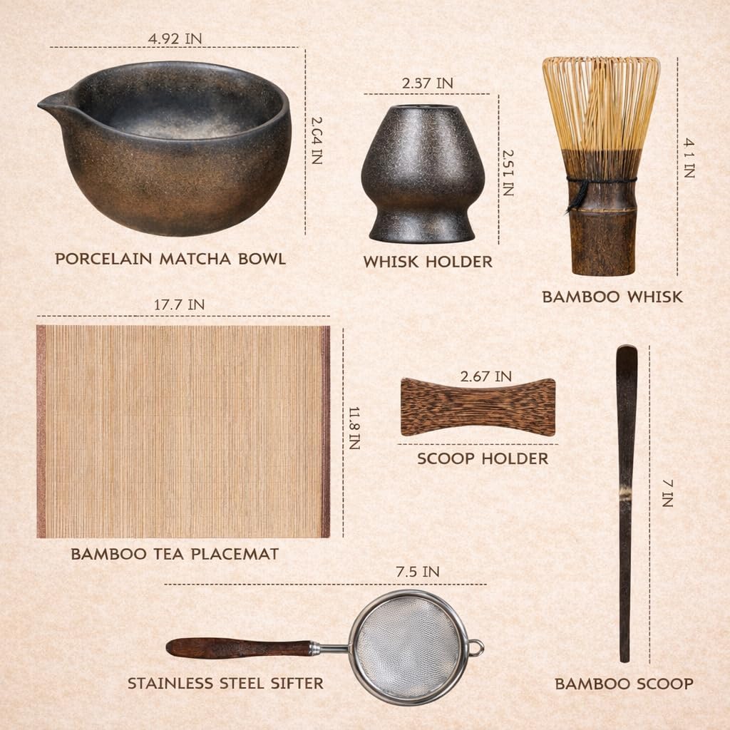 Skiennix Matcha Whisk Set - 7-Piece Complete Kit with Handmade Bowl, 100-Prong Bamboo Whisk & Accessories