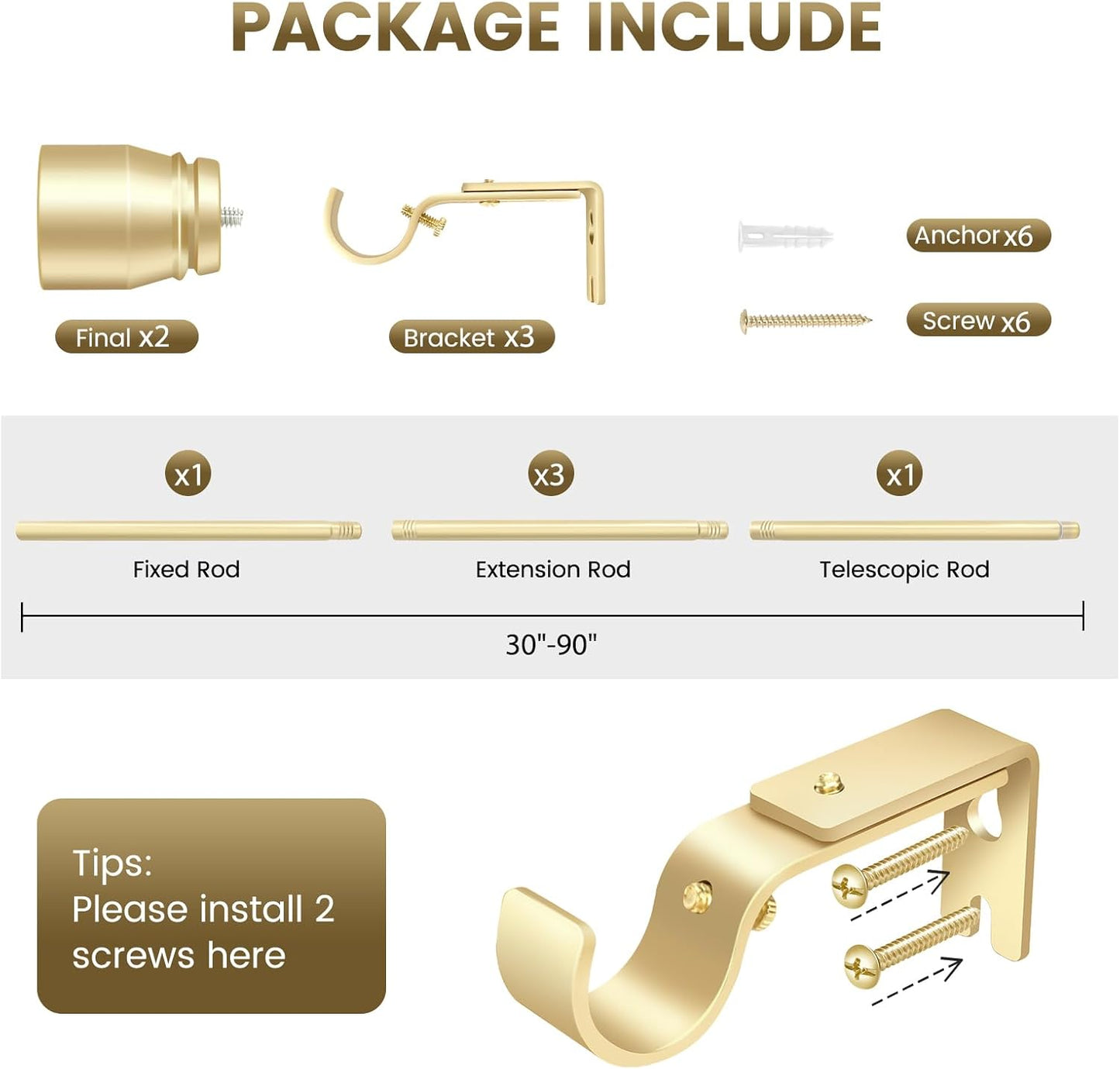 Skiennix 1” Diameter Gold Curtain Rod - Heavy Duty Adjustable 30-90 Inch for 30-84 Inch Windows