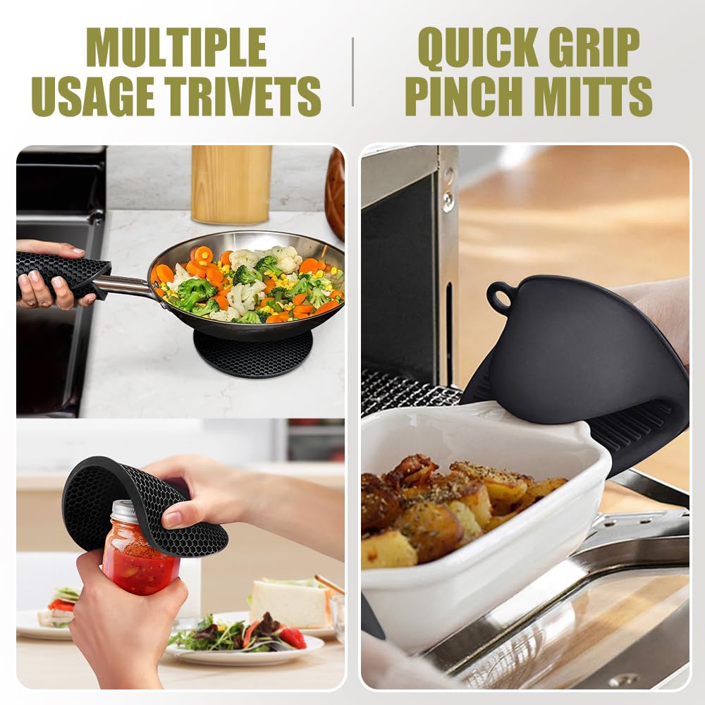 Rorecay 6pcs Oven Mitts and Pot Holders Sets Heat Resistant 500 Degrees, Extra Long and Non-Slip Silicone Oven Gloves Potholders Hot Pads for Kitchen Baking Cooking, Quilted Liner, Black