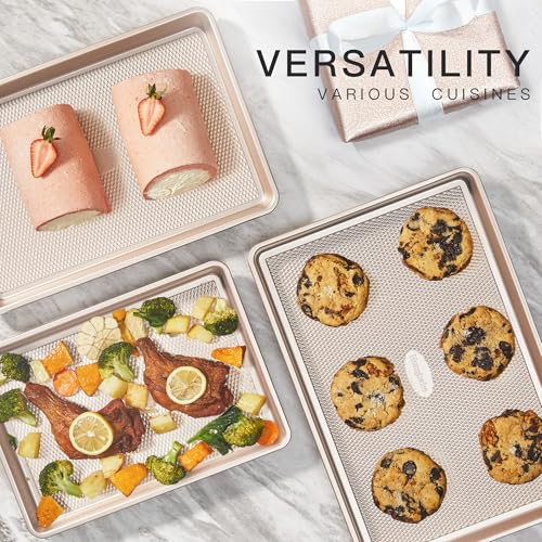 HONGBAKE Champagne Gold Nonstick Baking Sheet Set of 3 - Heavy Duty Carbon Steel with Diamond Texture, Oven Safe Up to 450°F