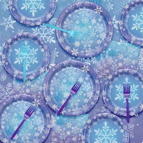 Winter Snowflake Party Supplies for 20 Guests, Disposable Tableware Set Includes Paper Plates, Napkins, Forks, Tablecloth for Girls Princess Party Christmas Winter Holiday Party Decorations