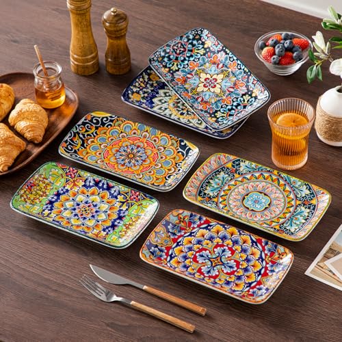 Vancasso Simi 9.5 x 5.6 Inch Rectangular Serving Plates Set of 6 - Bohemian Floral Design