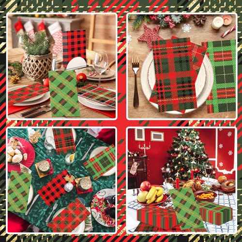 Christmas Paper Napkins,40pcs Red and Green Buffalo Plaid Christmas Cocktail Napkins Checkered Disposable Christmas Bathroom Napkins for Winter Party Supplies