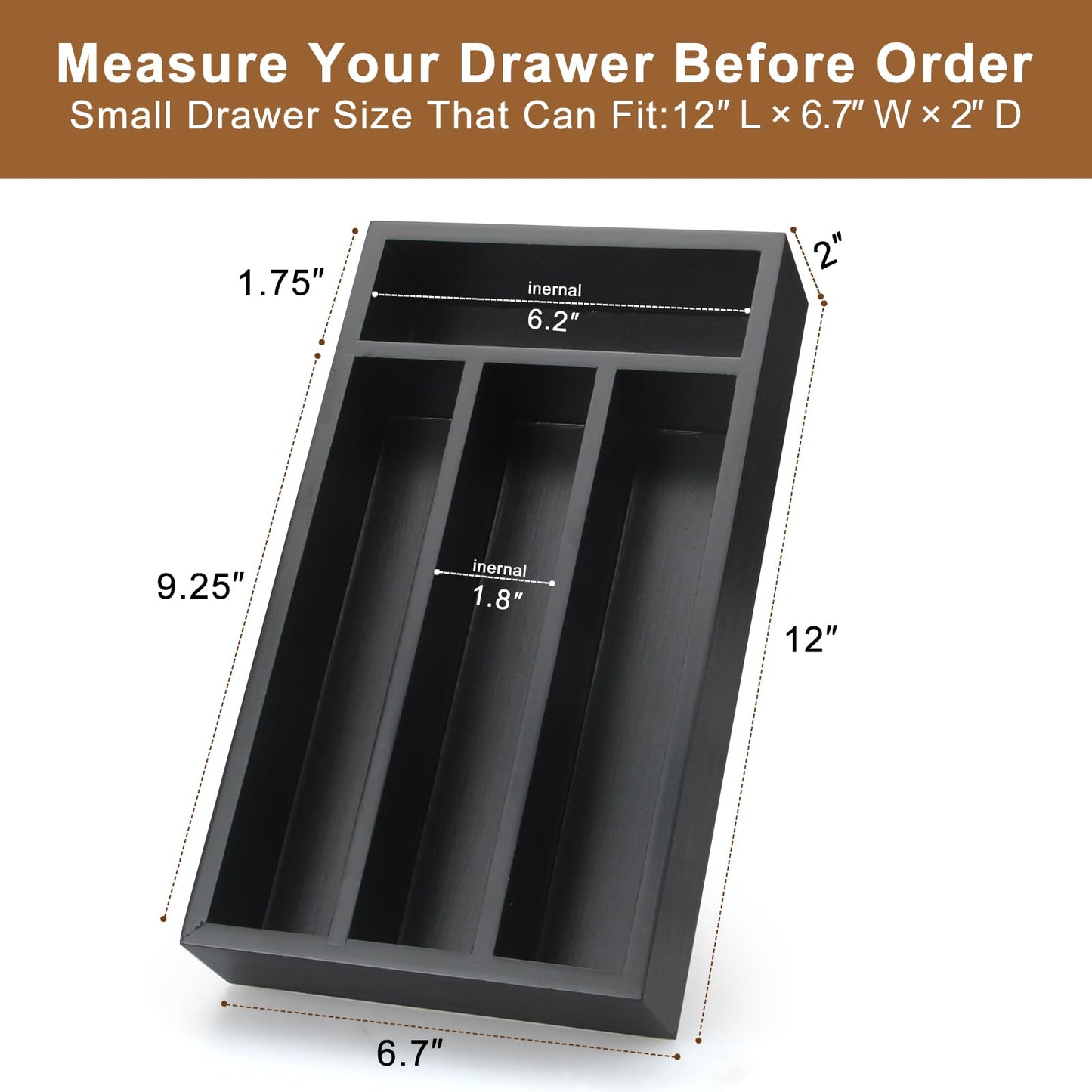 Small Silverware Organizer Narrow Wooden Cutlery Tray 12"x6.7" Spoon Kitchen Utensil Holder for Drawer Divider Bamboo Cutlery Drawer Organizers Storage Black Wood Silverware Tray Flatware Organizer