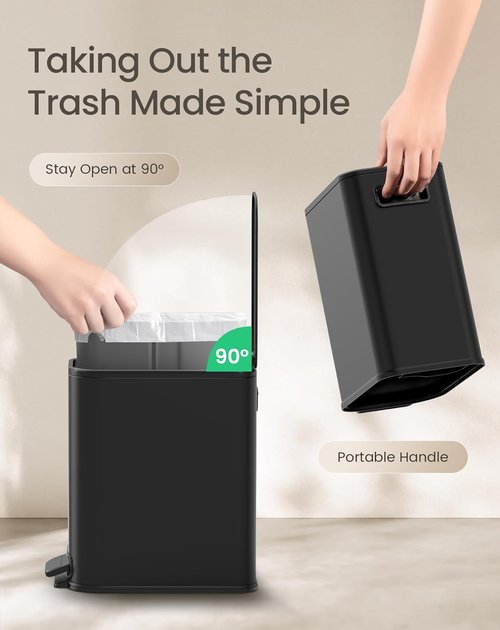 Cesun Stainless Steel Bathroom Trash Can - 5 Liter Soft Close Lid & Step Pedal | Matte Black Waste Basket