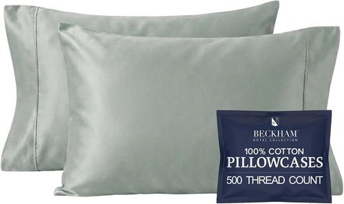 Beckham Hotel Collection Pillowcases - Queen Size Set of 2 | Silky Smooth Cotton Sateen, Aqua Gray
