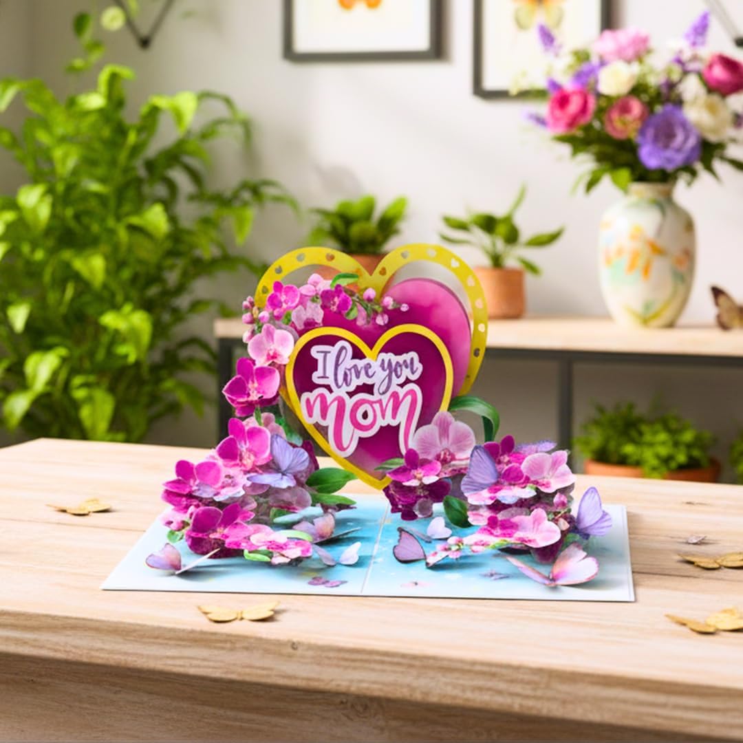PIECE GIFT 3D Pop-Up Mother's Day Card - 'I Love You Mom' Orchid Flower Design | Premium Greeting Card with Envelope